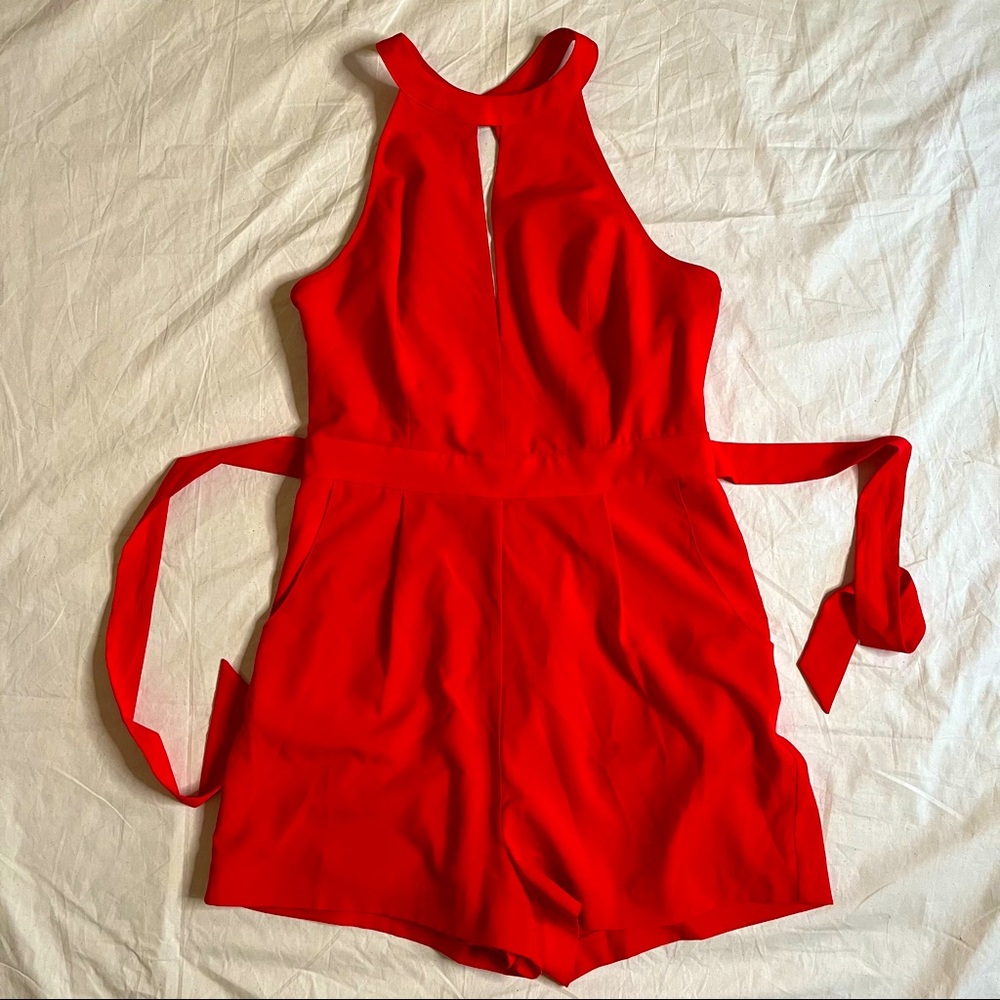 Bebe Hot Red Open Back Halter Romper Size 10